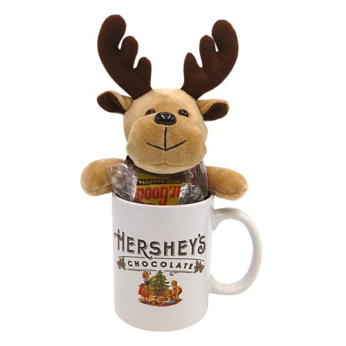 Christmas Coffee Mug with Reindeer, Hot Chocolate Gift Set, Ceramic Cup with Mini Cocoa Bar Chocolate Candy