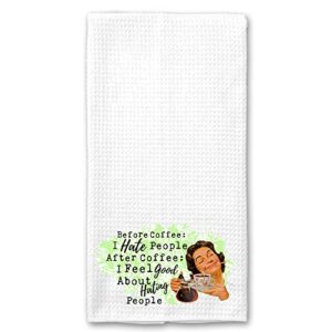 before coffee, i hate people. after coffee i feel good about hating people funny vintage 1950’s housewife pin-up girl waffle weave microfiber towel kitchen linen gift for her bff