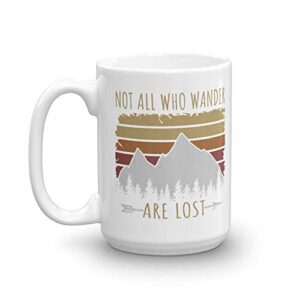 not all who wander are lost distressed vintage retro coffee & tea gift mug, adventurous gifts for men & women camper, rock or mountain climber, hiker and traveler (15oz)