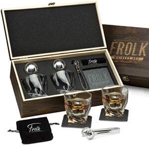 whiskey stones gift set for men – 2 king-sized chilling stainless-steel whiskey balls – 2 xl whiskey glasses, slate stone coasters, freezer pouch & tongs – luxury set in unique pine wood box