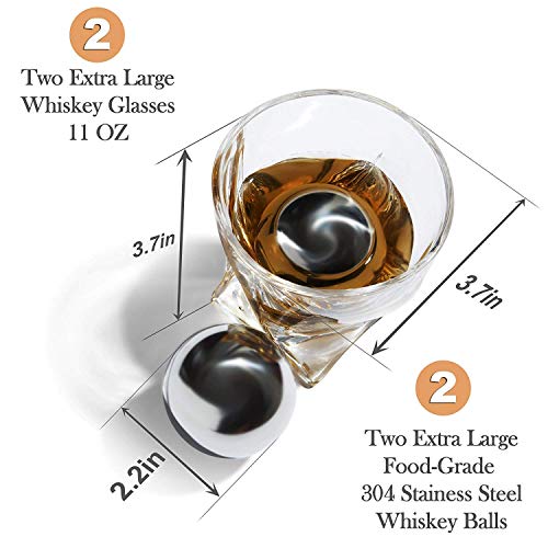 Whiskey Stones Gift Set for Men - 2 King-Sized Chilling Stainless-Steel Whiskey Balls - 2 XL Whiskey Glasses, Slate Stone Coasters, Freezer Pouch & Tongs - Luxury Set in Unique Pine Wood Box