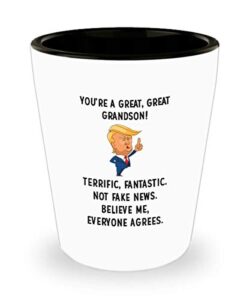 for grandson you’re a great great grandson not fake news believe me awesome donald trump drinking shot glass shooter birthday stocking stuff