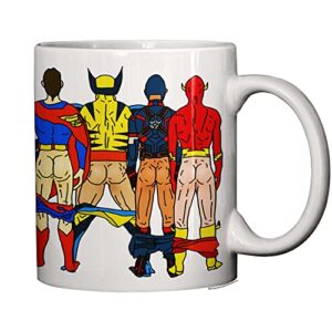 switzer kreations superhero butts mug, funny gift for friends and family, coffee mug with superhero butts, ceramic 11oz 15oz, white (11 ounces)