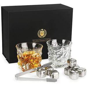 whiskey gifts for men dad, kollea whiskey glasses set with 8 reusable whiskey stones, drinking gifts for boyfriend him, cool whiskey gifts for birthday house warming anniversary christmas, 11oz