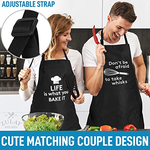 Zulay (2-Pack) Funny Aprons For Women, Men & Couples - Adjustable Universal Fit Cooking Apron - Black Apron With Pockets For BBQ, Baking, Painting, Wedding Gift & More - (Funny Cooking Puns)