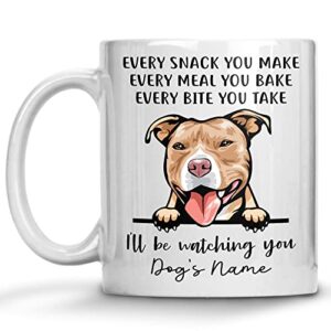 personalized red nose american pit bull coffee mug, every snack you make i’ll be watching you, customized dog mugs for mom dad, gifts for dog lover, mothers day, fathers day, birthday presents