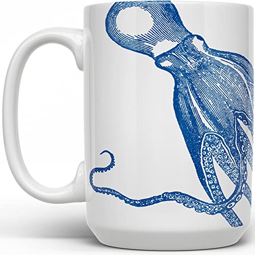 Nautical Sea Life Octopus Kraken Coffee Mug, Unique Fun Cup, Gift for Dad, Boyfriend, Friend, Coworker (15oz)