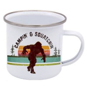 sasquatch bigfoot enamel campfire mug, outdoor camping coffee cup, mountain nature hiking camp lover gifts funny saying quote coffee mug, cup mom mommy bff present for friend cup white