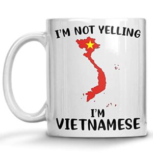 funny vietnam pride coffee mugs, i’m not yelling i’m vietnamese mug, gift idea for vietnamese men and women featuring the country map and flag, proud patriot souvenirs and gifts