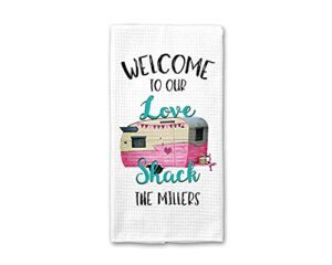 personalized welcome to our love shack waffle weave dish towel | valentine’s day decor | personalized camping gift | camper accessories | personalized dish towel | camper decor