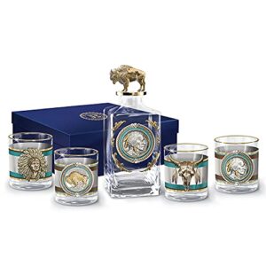 pride of the west 5-piece glass decanter set with sculpted buffalo decanter stopper & 12k gold accents, satin-lined gift box