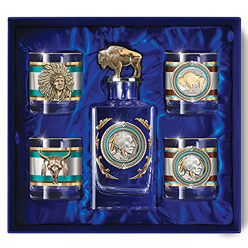 Pride Of The West 5-Piece Glass Decanter Set With Sculpted Buffalo Decanter Stopper & 12K Gold Accents, Satin-Lined Gift Box