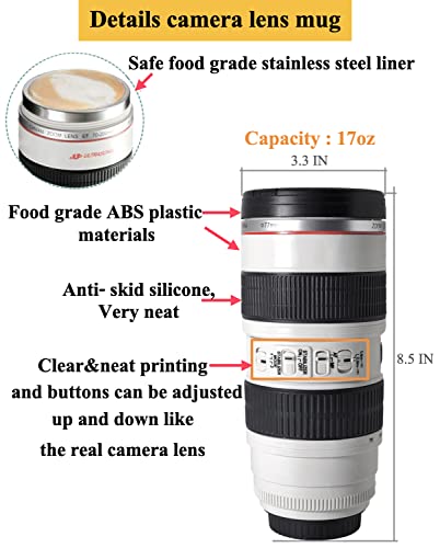 THUMB UP Camera Lens Coffee Mug,Camera Lens Mug,Fun Photo Coffee Mugs Stainless Steel Lens Mug Thermos Great Gifts for Photographers,Home Supplies,Friends,School Rewards (White)