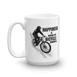 happiness is riding my bicycle downhill distressed coffee & tea gift mug for a mountain bike rider and cup gifts for men & women cyclist (15oz)