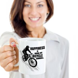 Happiness Is Riding My Bicycle Downhill Distressed Coffee & Tea Gift Mug for a Mountain Bike Rider and Cup Gifts for Men & Women Cyclist (15oz)