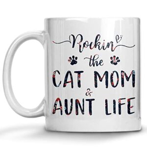 floral auntie coffee mug, rockin’ the cat mom and aunt life, auntie cat lovers mug, gifts for aunt, auntie gifts mug, crazy cat lady, gift for aunt, new aunt mugs, mother’s day gifts tea cup