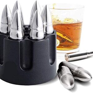 Zwin Extra Large Silver Bullets Whiskey Stones Set for Drink, 6Pcs Whiskey Ice Cubes Bullets Stones with Base, Reusable Whiskey Stones Stainless Steel Whisky Gifts for Men Dad Boyfriend