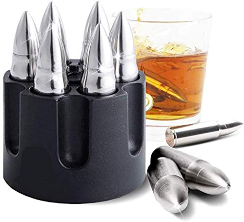 Zwin Extra Large Silver Bullets Whiskey Stones Set for Drink, 6Pcs Whiskey Ice Cubes Bullets Stones with Base, Reusable Whiskey Stones Stainless Steel Whisky Gifts for Men Dad Boyfriend