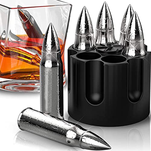 Zwin Extra Large Silver Bullets Whiskey Stones Set for Drink, 6Pcs Whiskey Ice Cubes Bullets Stones with Base, Reusable Whiskey Stones Stainless Steel Whisky Gifts for Men Dad Boyfriend