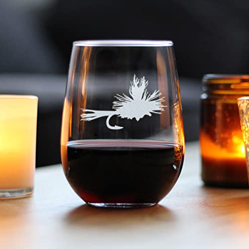 Fly Fishing Stemless Wine Glass - Unique Flyfishing Themed Gifts for Fishermen - Large 17 Oz Glasses