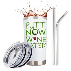 jenvio golf gifts for women | putt now wine later | stainless steel wine/coffee tumbler | funny female valentines themed stuff for golfing golfers (white, 20 ounce)