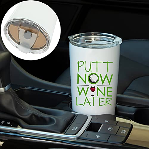 JENVIO Golf Gifts for Women | Putt Now Wine Later | Stainless Steel Wine/Coffee Tumbler | Funny Female Valentines Themed Stuff for Golfing Golfers (White, 20 Ounce)