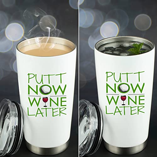 JENVIO Golf Gifts for Women | Putt Now Wine Later | Stainless Steel Wine/Coffee Tumbler | Funny Female Valentines Themed Stuff for Golfing Golfers (White, 20 Ounce)