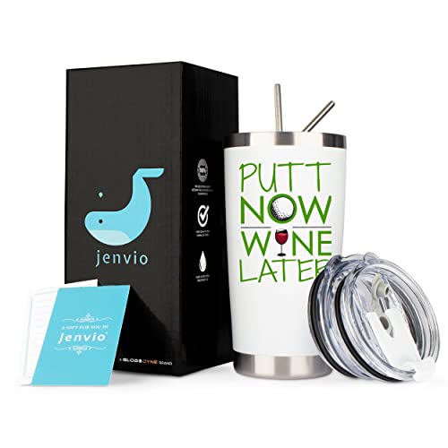 JENVIO Golf Gifts for Women | Putt Now Wine Later | Stainless Steel Wine/Coffee Tumbler | Funny Female Valentines Themed Stuff for Golfing Golfers (White, 20 Ounce)