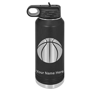 lasergram 40oz double wall flip top water bottle with straw, basketball ball, personalized engraving included (black)