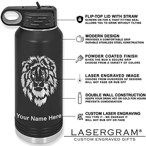 LaserGram 40oz Double Wall Flip Top Water Bottle With Straw, Basketball Ball, Personalized Engraving Included (Black)