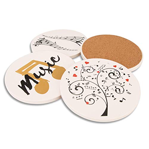 Coasters for Drinks Absorbent, Marble Coasters, Haina Drink Coaster Set of 4 - Music Style Home Decor Stone Coasters with Cork Backing Unique Present for Friends, Men, Women, Home, kitchen, - White