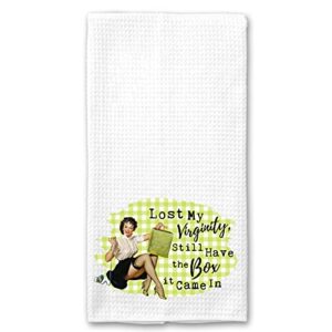 lost my virginity, but i still have the box it came in, funny vintage 1950’s housewife pin-up girl waffle weave microfiber towel kitchen linen gift for her bff