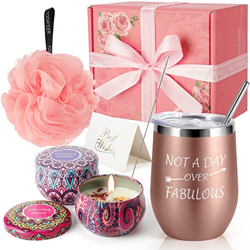 TODAYEER Gifts for Women Christmas - Grandma Gifts - Birthday Gifts for Women - Funny Wine Tumblers Rose Gold and Candles 2 Pack and Bath Loofah XL Bath Set - Mom Sister Friends Grandma Gifts