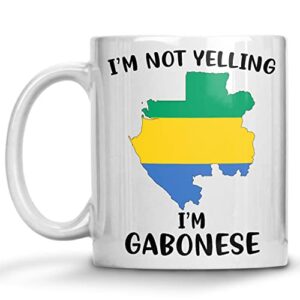 funny gabon pride coffee mugs, i’m not yelling i’m gabonese mug, gift idea for gabonese men and women featuring the country map and flag, proud patriot souvenirs and gifts