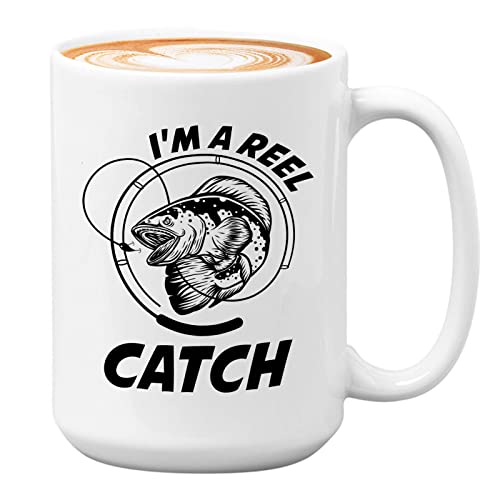 Bubble Hugs Fishing Coffee Mug 15oz White - Reel Fish Catch A - Bass Fishing Spooler Boat Lovers Lures Rod Funny Fisherman Joke Retirement Grandpa