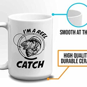 Bubble Hugs Fishing Coffee Mug 15oz White - Reel Fish Catch A - Bass Fishing Spooler Boat Lovers Lures Rod Funny Fisherman Joke Retirement Grandpa