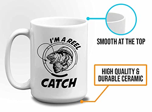 Bubble Hugs Fishing Coffee Mug 15oz White - Reel Fish Catch A - Bass Fishing Spooler Boat Lovers Lures Rod Funny Fisherman Joke Retirement Grandpa