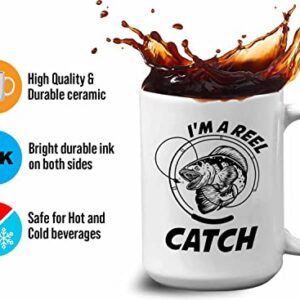 Bubble Hugs Fishing Coffee Mug 15oz White - Reel Fish Catch A - Bass Fishing Spooler Boat Lovers Lures Rod Funny Fisherman Joke Retirement Grandpa