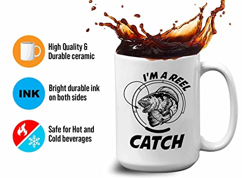 Bubble Hugs Fishing Coffee Mug 15oz White - Reel Fish Catch A - Bass Fishing Spooler Boat Lovers Lures Rod Funny Fisherman Joke Retirement Grandpa