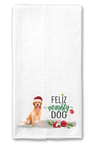 studio 9thirty3 personalized golden retriever feliz naughty dog christmas waffle weave kitchen towel, 16″x24″ (white towel, no name)