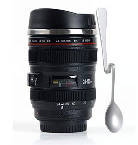 Chasing Y Camera Lens Coffee Mug,Vacuum Insulated Lens Coffee Mug with Spoon,Stainless Steel Travel Tumbler Cup,Photographer Camera Mug Coffee Thermos for Men, Women