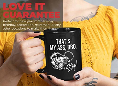 Bubble Hugs Fishing Coffee Mug 15oz Black - Bro Stop - Bass Fishing Spooler Boat Lovers Lures Rod Funny Fisherman Joke Retirement Grandpa