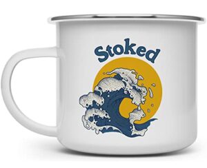 stoked surfing camp coffee mug, beach surf ocean lover campfire cup, gift for camping surfer nature outdoor enthusiast (16oz)