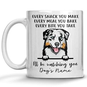 personalized blue merle australian shepherd coffee mug, every snack you make i’ll be watching you, customized dog mugs for mom dad, gifts for dog lover, mothers day, fathers day, birthday presents