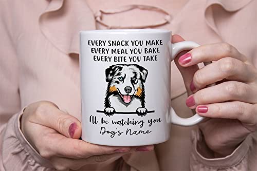 Personalized Blue Merle Australian Shepherd Coffee Mug, Every Snack You Make I'll Be Watching You, Customized Dog Mugs for Mom Dad, Gifts for Dog Lover, Mothers Day, Fathers Day, Birthday Presents