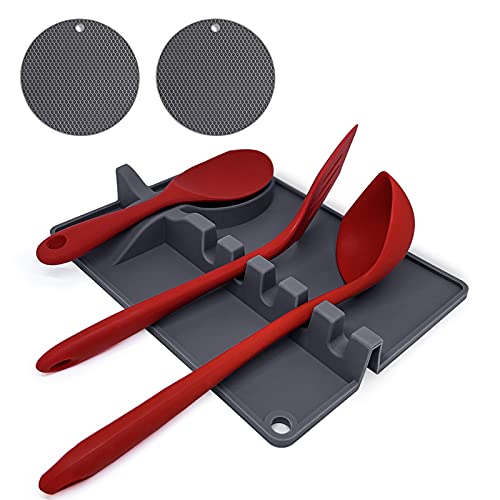 [3 Packs] Silicone Spoon Rest with Drip Pad for Multiple Utensils, Thrivet Mat [2 Packs], Upgraded Large Spoon Rest for Kitchen Counter, Heat Resistant Utensil Rest, Spatulas Rest for Cooking,Gray