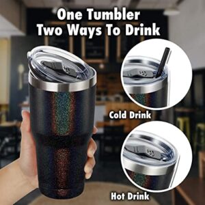 ALOUFEA 30oz Stainless Steel Tumbler, Insulated Coffee Tumbler Cup with Lid and Straw, Double Walled Travel Coffee Mug for Hot & Cold Drinks (Glitter Black, 1 Pack)