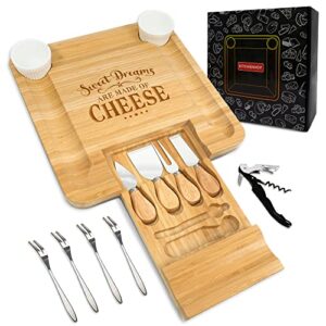 kitchenvoy bamboo cheese board set with slide-out drawer, knife set, ceramic bowls – sweet dreams are made of cheese – charcuterie boards gift set for christmas, birthday, housewarming, wedding