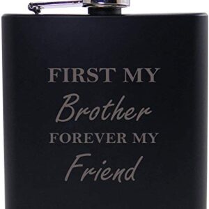 First My Brother Forever My Friend Flask, Funnel, (4) Shot Glasses, and MDF Presentation Gift Box with Rosewood Finish - Golfing Hip Stainless Steel Metal Matte 6-Ounce Golf Bag Flask