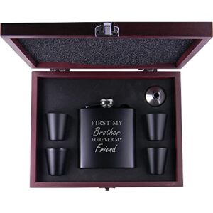 First My Brother Forever My Friend Flask, Funnel, (4) Shot Glasses, and MDF Presentation Gift Box with Rosewood Finish - Golfing Hip Stainless Steel Metal Matte 6-Ounce Golf Bag Flask